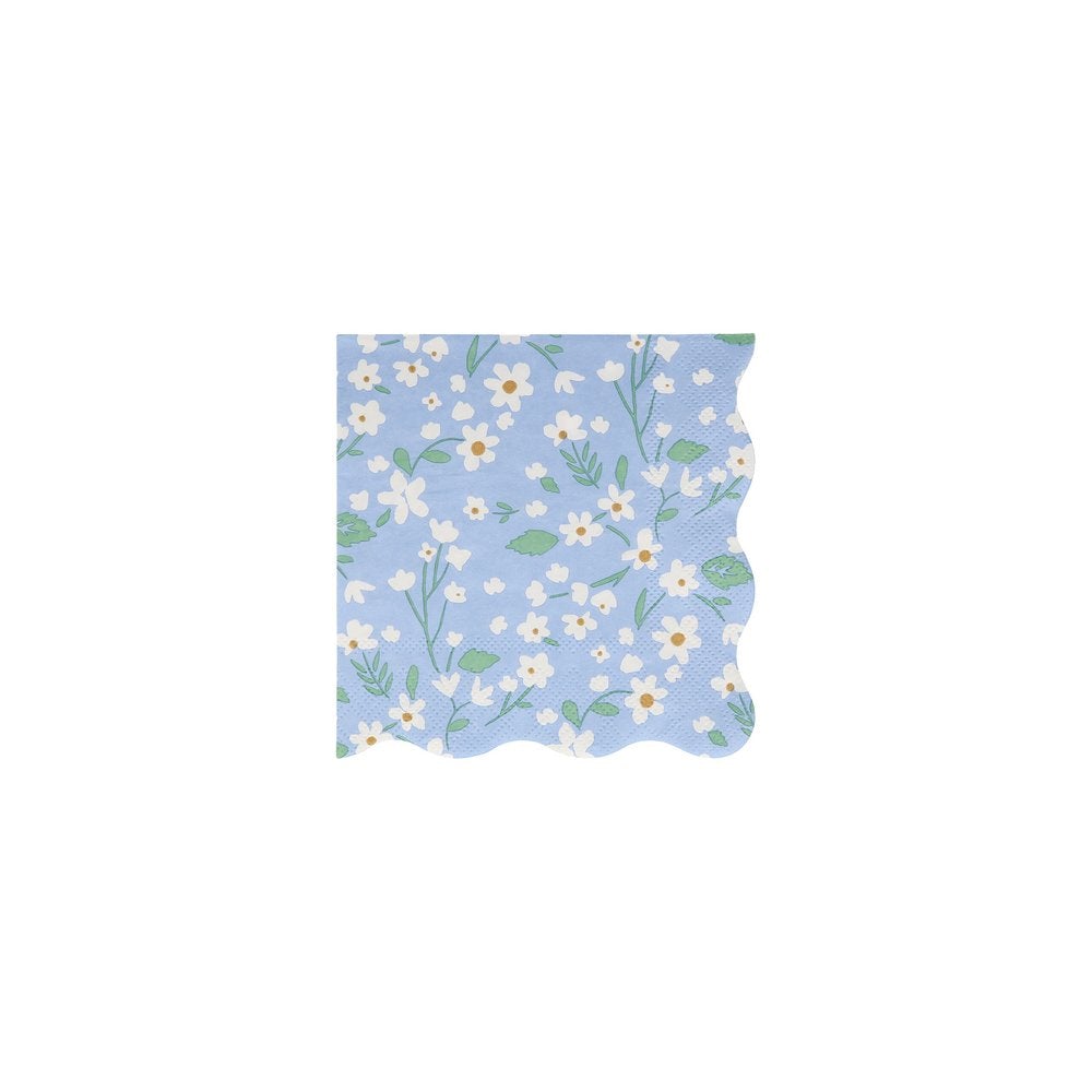 Meri Meri Ditsy Floral Small Napkins. Feature a fabulous floral pattern with a stylish scalloped edge in blue color. They are crafted from 3-ply paper, in 5 x 5 inches when folded, so are practical as well as decorative, Made from eco-friendly paper.