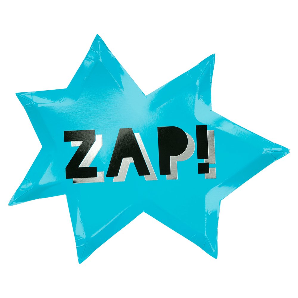 Meri Meri Superhero Plates. Crafted from high quality card, perfect to pile high with superhero foods. Featuring a comic word shaped plates with silver and black 'Zap!' word in the caribbean blue color plates with Shiny silver foil and sparkly silver holographic details. these modern designed party supplies are perfect for kids superhero themed birthday party.