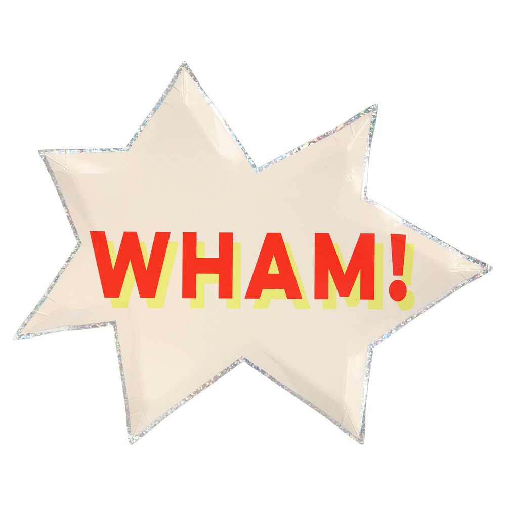 Meri Meri Superhero Plates. Crafted from high quality card, perfect to pile high with superhero foods. Featuring a comic word shaped plates with neon orange and yellow color 'Wham!' word in the cream color plates with Shiny silver foil and sparkly silver holographic details. these modern designed party supplies are perfect for kids superhero themed birthday party.