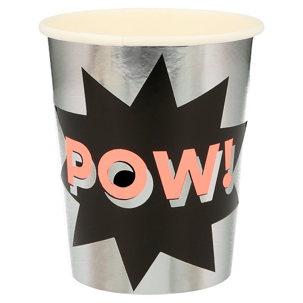 Meri Meri Superhero Party Cups. Make your party drinks look really super with these fabulous cups decorated in the comic word of neon color color 'Pow!' in a silver cup, these modern designed party supplies are perfect for kids superhero themed birthday party.