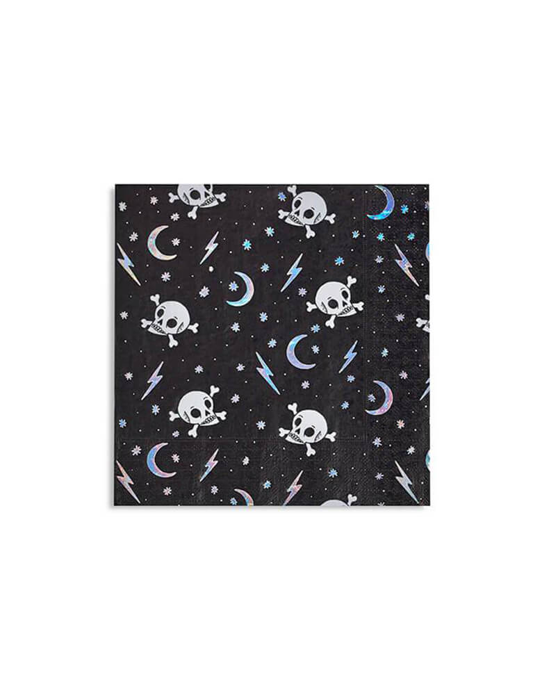 Daydream Society Halloween Doomsday Napkin, Featuring holographic silver foil-pressed elements of skull head, moon, lighting in black napkin design. illustrated by hello!lucky. These super unique modern designed halloween napkins are best party tableware for kids halloween party, these partyware will make an epic halloween party, skull themed party, halloween party for all age