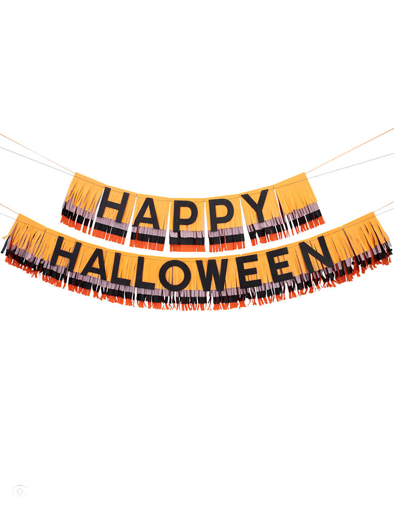 Meri Meri 217414 Halloween Fringe Garland. This Garland 4.75' x 9.75' Length garland's pennants are made with 2 layers each of peach, dusty pink, black and orange fringed tissue paper. It is beautifully crafted from fringed tissue paper, with glittered letters spelling out "Happy Halloween". The fringing is stitched together with satin ribbon at either end. The letters are sprinkled with glitter. vintage look halloween garland for your halloween home decoration or a halloween party