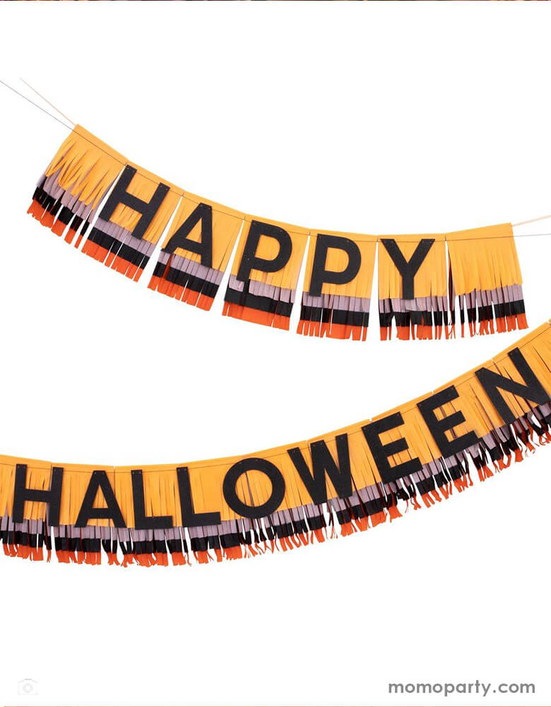 Meri Meri 217414 Halloween Fringe Garland. This Garland 4.75' x 9.75' Length garland's pennants are made with 2 layers each of peach, dusty pink, black and orange fringed tissue paper. It is beautifully crafted from fringed tissue paper, with glittered letters spelling out "Happy Halloween". The fringing is stitched together with satin ribbon at either end. The letters are sprinkled with glitter. vintage look halloween garland for your halloween home decoration or a halloween party