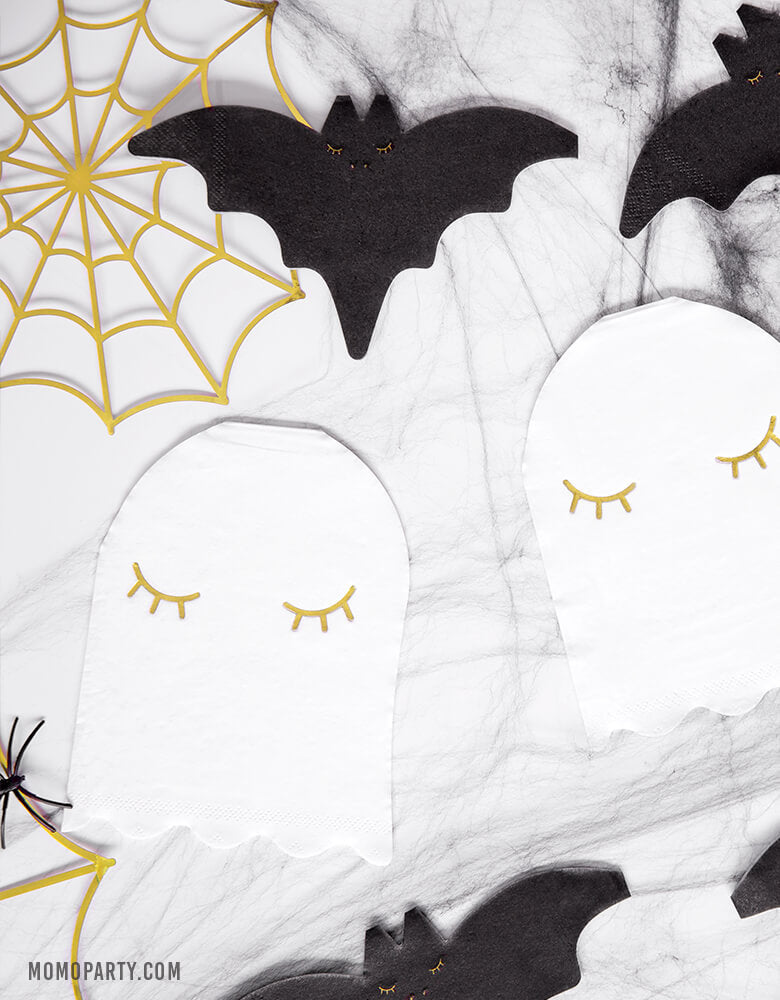 Halloween party Table set up with Party Deco Bat Napkins and Ghost Napkin, Gold Spiderweb Decorations on the marble tabletop. For Kids Not-so-scary Halloween party, hocus pocus party, trick-or-treating party, nightmare before christmas party, spooktacular halloween party and all halloween related celebrations. Find these Morden and high quality party tableware at party online store, party boutique online store, party supplies at momoparty.com
