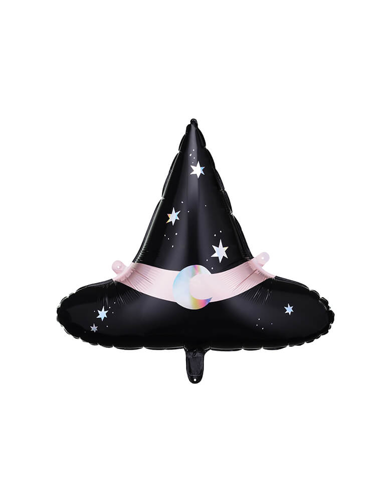 Momo Party's 23.5 x 19 inches Pink Witch Hat Foil Balloon with pink ribbon by Party Deco. With an adorable illustration of moon and stars on the balloon, this sets a perfect scene for a witch or Hocus Pocus themed Halloween bash that's kid's friendly in this spooky season!