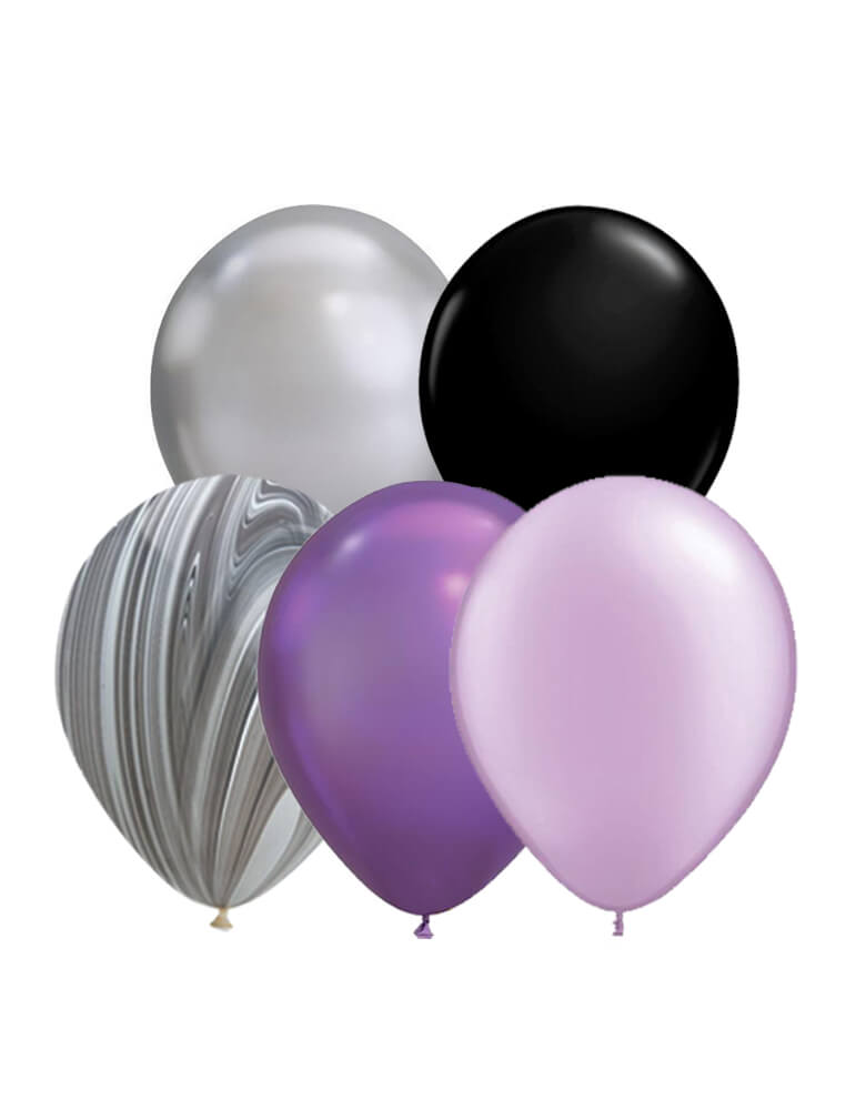 Qualatex 11" Latex Balloon Mix with Black, Chrome silver, Chrome Purple, Pearl Purple, Marble for a unique spooky halloween party, halloween decorations