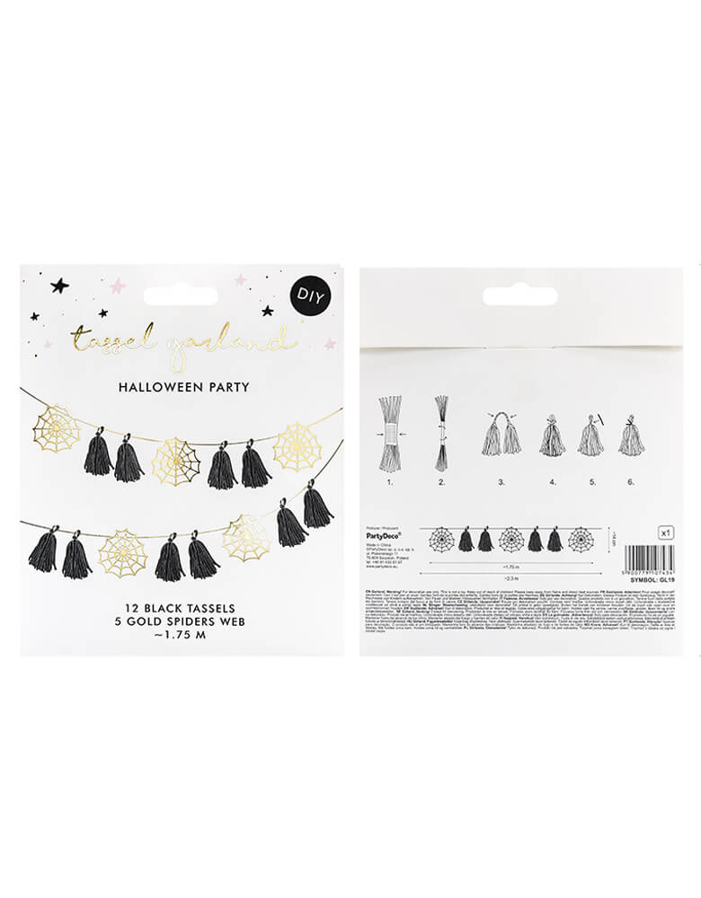 Party Deco Halloween Spiderweb Paper Garland packaging, This DIY paper garland features 5 boo-tiful gold spiderwebs and 12 black tassels. each set includes 5 spiderwebs, 12 black tassels, 12 clips and a gold string. Add this faboolous garland to your Halloween celebration, halloween home decoration, Kids modern spooky halloween party, hocus pocus party trick-or-treating party, nightmare before christmas party, witch themed party and all halloween related celebrations