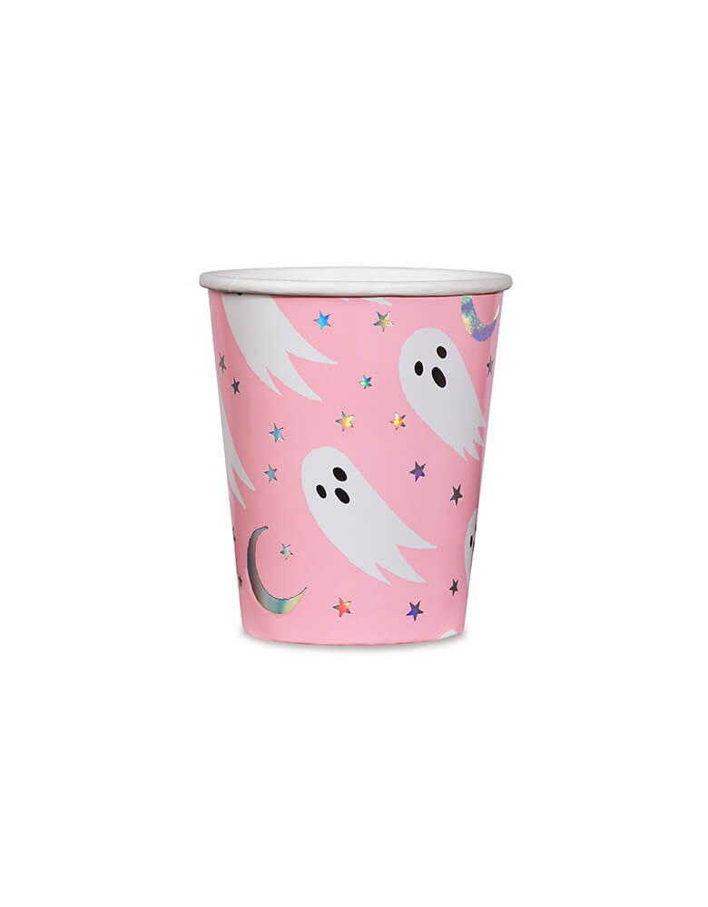 Daydream Society - Halloween Spooked Party Cups, Set of 8,  featuring ghosts and holographic star elements in bright neon coral pink design. They are perfect for a pink Halloween party for your little ghouls! 