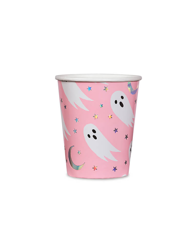 Daydream Society - Halloween Spooked Party Cups, Set of 8, featuring ghosts and holographic star elements in bright neon coral pink design. They are perfect for a pink Halloween party for your little ghouls!