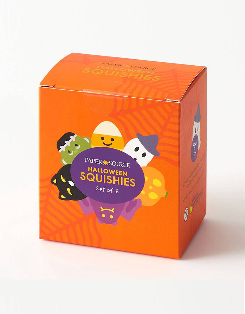 Paper Source Halloween Squish Toys featuring a black cat, a candy corn, a pumpkin, a bat, a ghost and a Frankenstein , perfect for a Halloween party favor for kids.