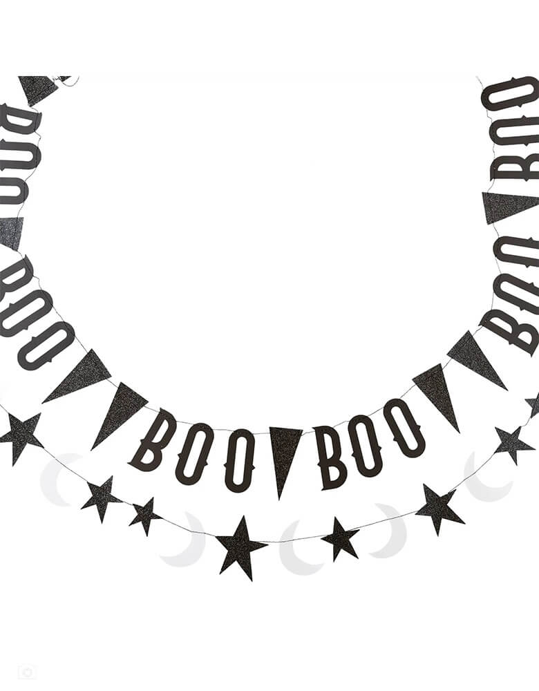 My Mind's Eye Vintage Halloween Boo With Stars Banner Set featuring black glitter pennants that will twinkle in the candle light, setting a truly chilling mood to your Halloween gathering. Completing the look is the black glitter star and moon icon banner that will make ghost and ghouls feel right at home and finish off a spooktacular display!