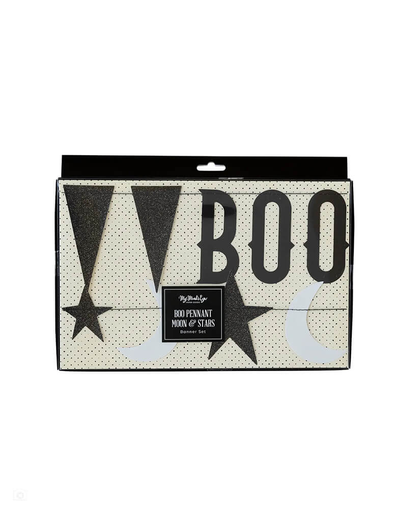 My Mind's Eye Vintage Halloween Boo With Stars Banner Set featuring black glitter pennants that will twinkle in the candle light, setting a truly chilling mood to your Halloween gathering. Completing the look is the black glitter star and moon icon banner that will make ghost and ghouls feel right at home and finish off a spooktacular display!
