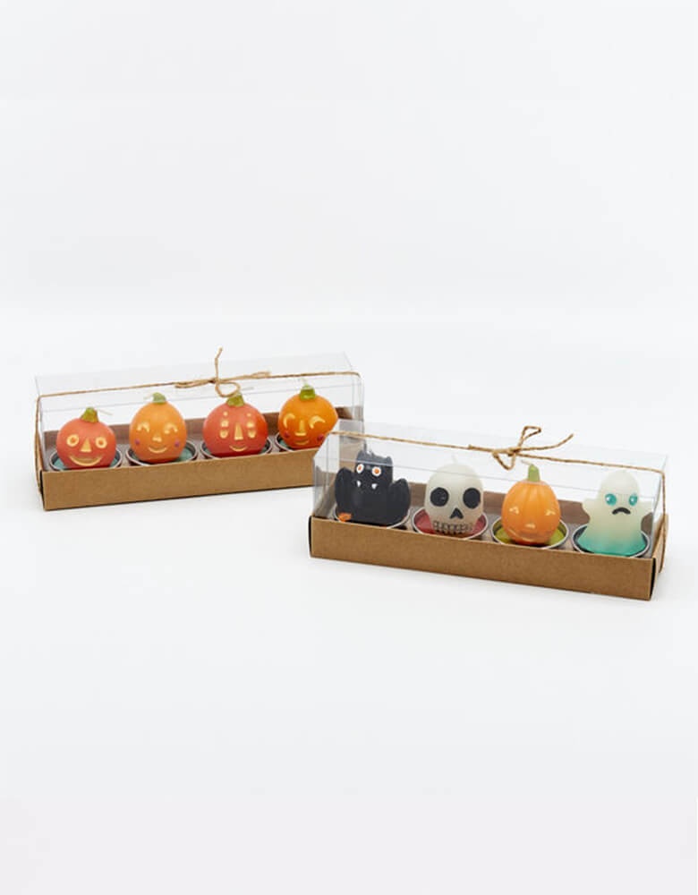 One hundred and 80 Halloween tea light candle set of your choice: Friendly Pumpkins which includes 4 jack o' lanterns or Spooky Halloween which includes one each of: ghost, bat, skull and jack o' lantern. Use with a candle holder or set them around your display on their own!