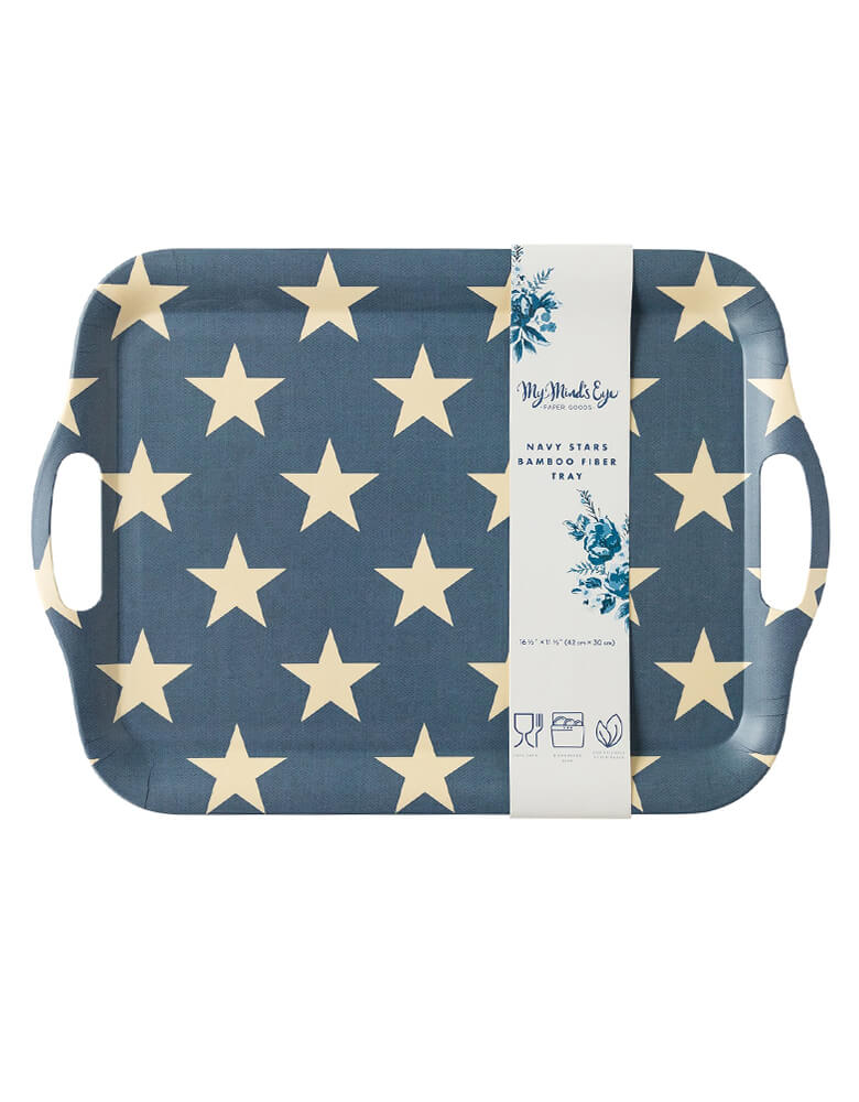 Hamptons Navy Star Reusable Bamboo Tray by My Mind's Eye. Made with laminated bamboo fiber, featuring star pattern print on Hamptons Navy tray design. this tray is the perfect kitchen accessory to serve ice cold lemonade after a day at the parade or hot dogs poolside!