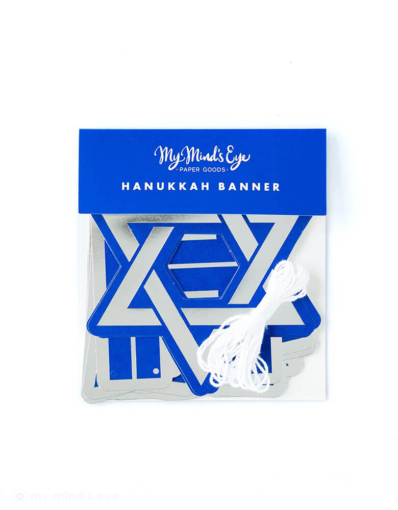 Momo Party's 3 yard Happy Hanukkah Banner by My Mind's Eye, featuring the message "Happy Hanukkah" in festive silver foil and rich blue, it's perfect to dress up a mantel or tablescape for your Hanukkah celebrations.