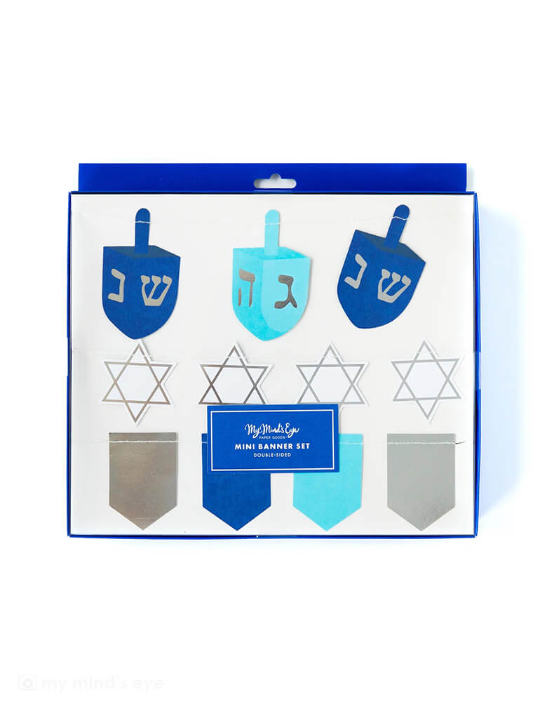 Momo Party's 5' Hanukkah mini banner set by My Mind's Eye, the dreidel banner will inspire hours dreidel of fun! The classic silver foil star banner shines, and the pennant banner help set a festive mood for your Hanukkah parties.