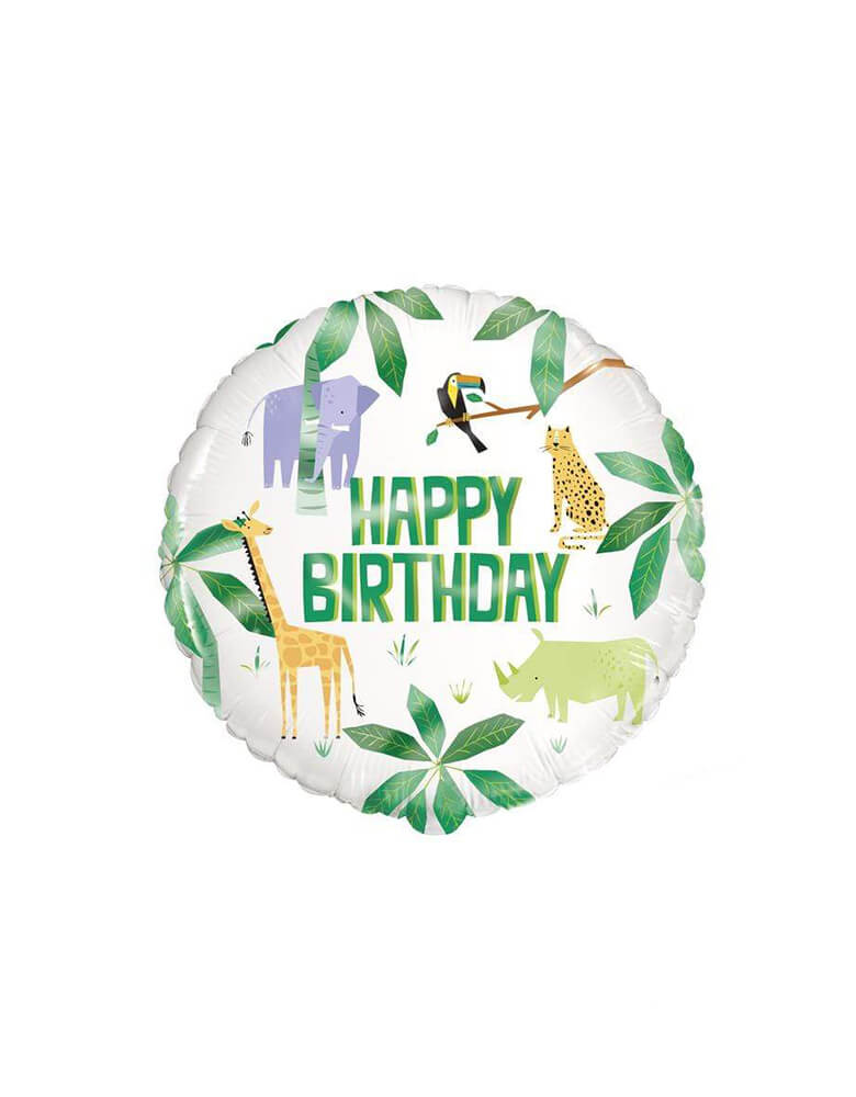 Unique Industries - 18 inches Junior Happy Birthday Animal Safari Foil Balloon. Featuring modern graphic safari animal illustrations with Green "happy birthday" text in the center. Add this cute junior foil balloon to your kid's jungle or animal themed party.