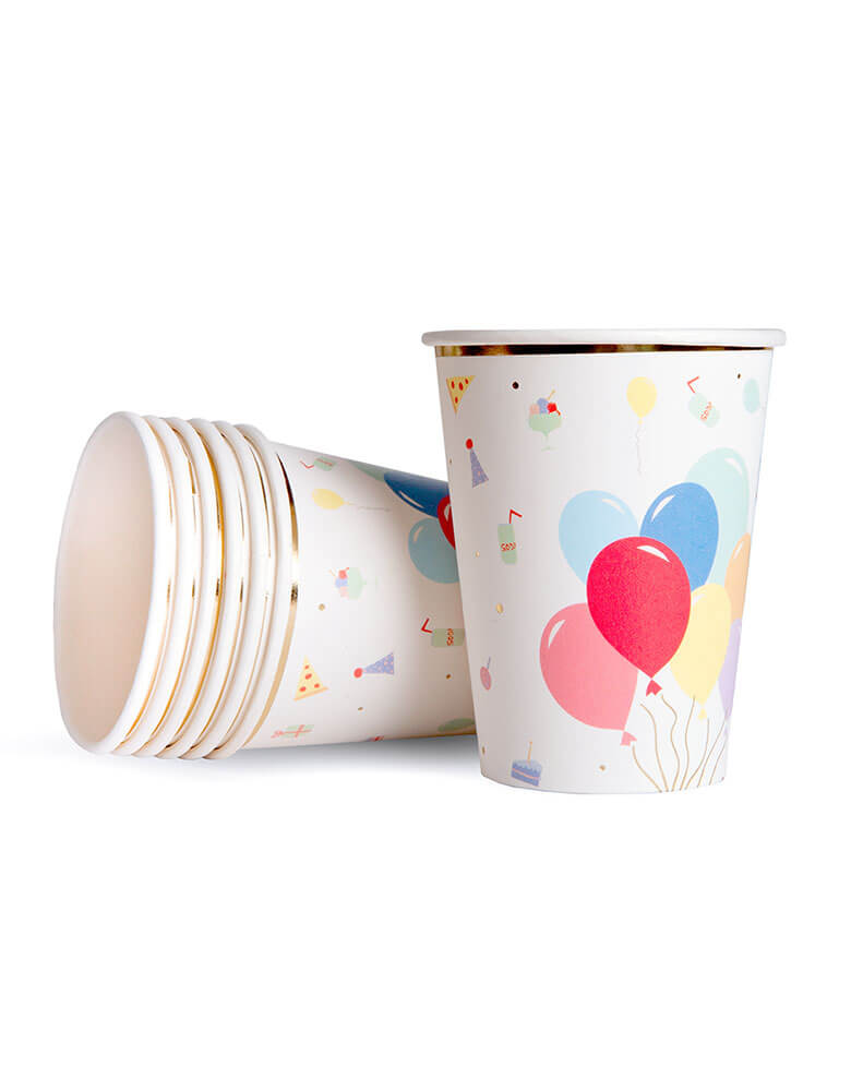 Great Pretenders - Happy Birthday Party Cups. The cups are accented with champagne gold mylar accents to elevate the cheery design. Quench the thirst of all attending the party with these vibrant Happy Birthday party paper cups.