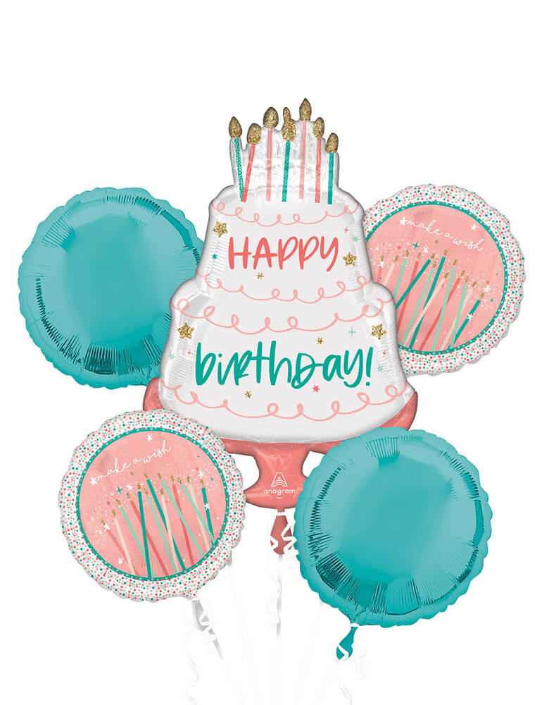 Anagram Balloons - 42580 Happy Cake Day Bouquet P75. Create a spectacular display for your birthday party with this five-piece balloon bouquet. The large Birthday cake foil balloon features a 2-tired white cake decorated “happy birthday” text in pastel pink and mint color , and candles. Round out your eye-catching decoration with same designed two round balloons with candles design and two matching round pastel mint foil balloons.