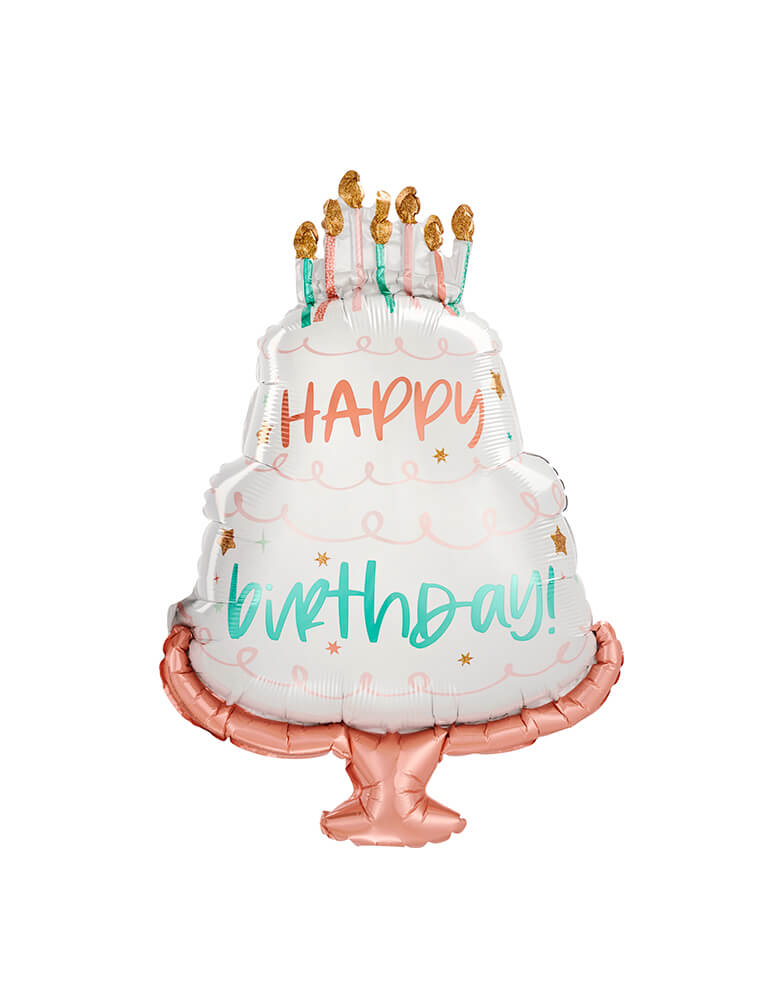 Anagram Balloons - 42579 Happy Cake Day SuperShape™ P35. Add this 28 inches festive layered cake-shaped birthday cake foil balloon to your birthday celebration! It features a pink and green "Happy Birthday" headline and is topped with shimmering candles. 