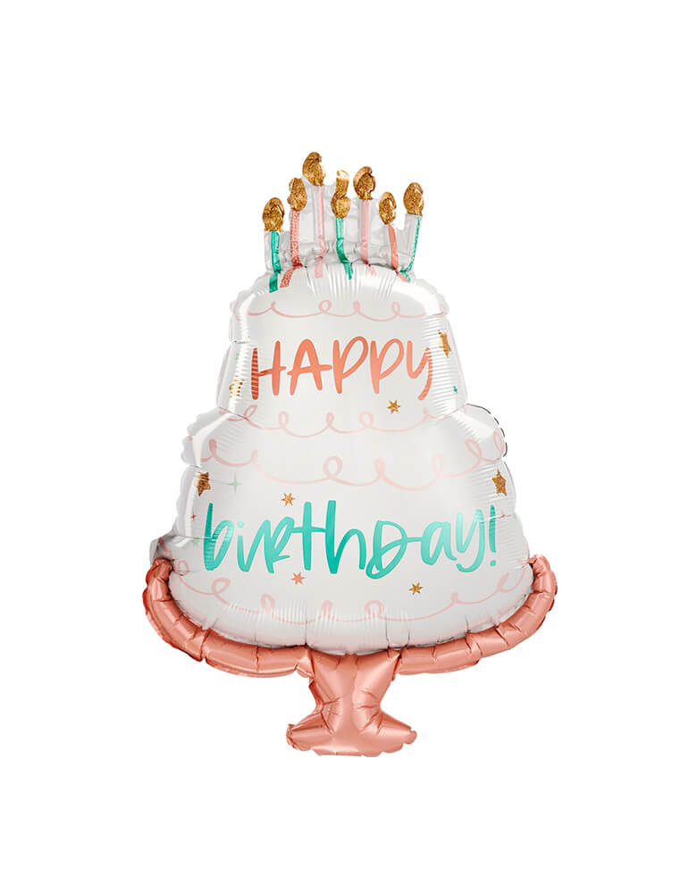 Anagram Balloons - 42579 Happy Cake Day SuperShape™ P35. Add this 28 inches festive layered cake-shaped birthday cake foil balloon to your birthday celebration! It features a pink and green "Happy Birthday" headline and is topped with shimmering candles.