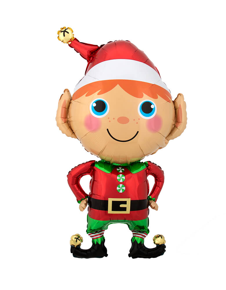 Anagram Balloons - 40445 Happy Christmas Elf SuperShape™ XL® P35. This 35 inches tall Happy Christmas Elf Foil Mylar Balloon featuring a full body Elf shaped balloon with red and green costume includes a red elf shirt with green peppermint buttons, green pants, a red hat and black shoe with jingle bells. Accent your Christmas celebration with this joyful elf foil balloon!