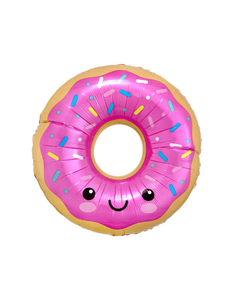 Anagram 27 inches Happy-Donut-Foil-Mylar-Balloon, feather a happy face on a pink donut. It's perfect for a "donut grow up" themed first birthday party, Two Sweet birthday party, summer party decorations, sweet tooth party