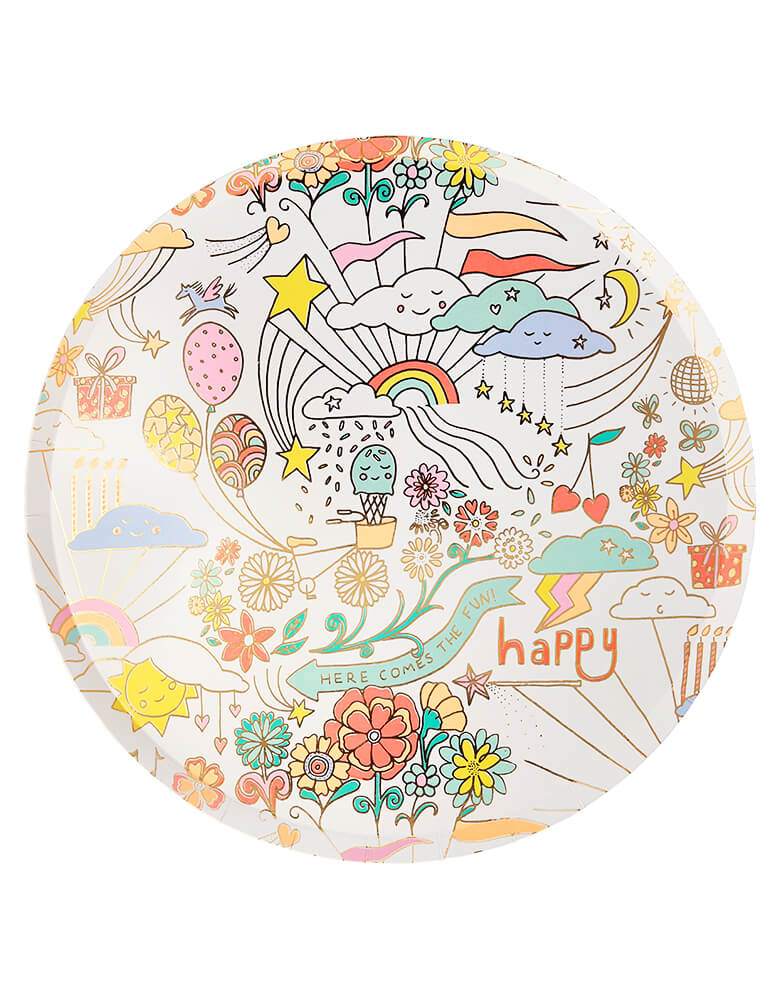 Meri Meri Happy Doodle Dinner Plates. This 10.25 inches paper party plate featuring cheery illustrations of rainbows, sun, clouds, balloons, gifts, sun flowers, so fun and unique design for a Good vibes themed party, Happy Day themed celebration, rainbow party, birthday party, baby shower or any type of celebration