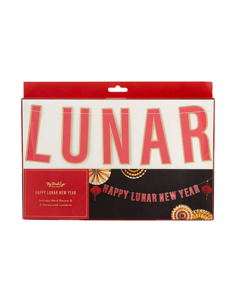 Momo Party's Happy Lunar New Year Banner by My Mind's Eye. With a "Happy Lunar New Year" word banner and two red honeycomb lanterns, it sets a perfect scene for your Lunar New Year celebration!