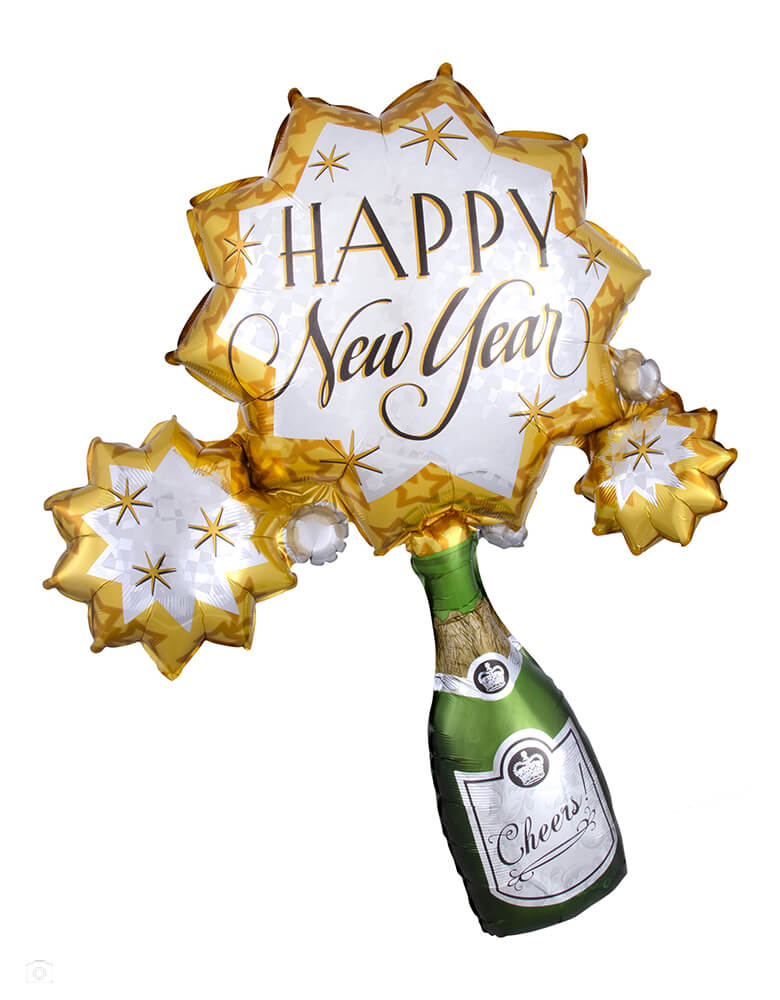 Anagram Balloons - 46 inches Happy New Year Balloon - Champagne Burst. Accent your New Year's Eve celebration with this 36" large unique shape champagne bottle foil mylar balloon! This champagne bottle balloon is bursting with bubbly celebration, featuring a champagne burst that reads "Happy New Year!" Create a balloon bouquet with other gold balloons and cheers to the new year!