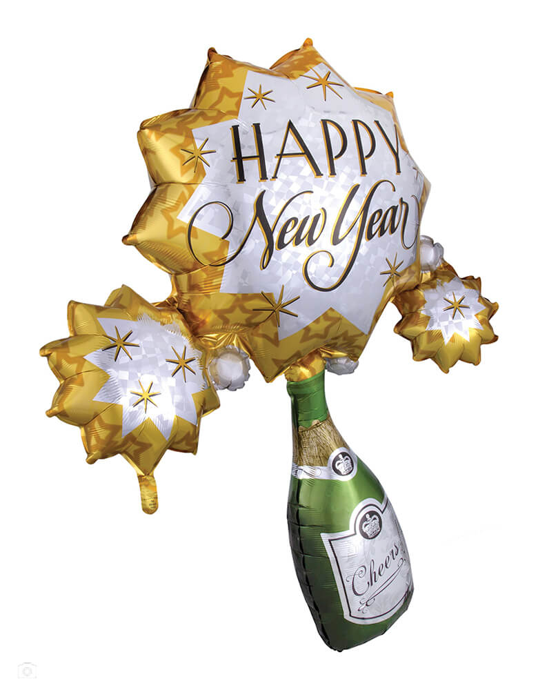 Anagram Balloons - 46 inches Happy New Year Balloon - Champagne Burst. Accent your New Year's Eve celebration with this 36" large unique shape champagne bottle foil mylar balloon! This champagne bottle balloon is bursting with bubbly celebration, featuring a champagne burst that reads "Happy New Year!" Create a balloon bouquet with other gold balloons and cheers to the new year!