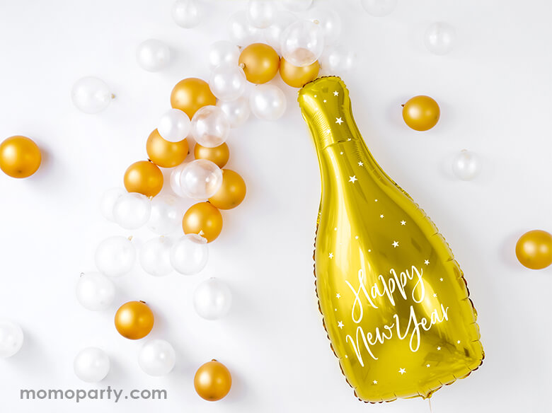 Modern clean new year eve party decorated with Party Deco 32 inches Happy New Year Champagne Bottle Foil Mylar Balloon with white and gold and clear balloon garland as champagne bubbles.