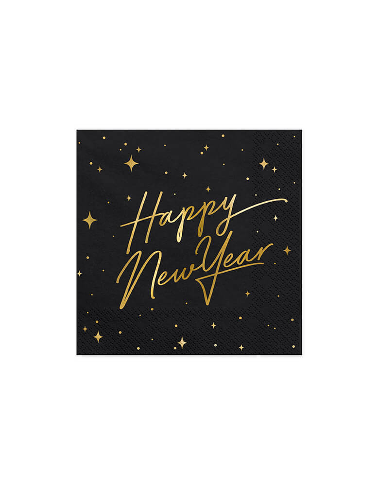 Party Deco - Happy New Year Large Napkins. featuring "Happy New Year" text and stars in gold foil print in the black napkin. Ring in the New Year in style with this gorgeous Happy New Year napkins with gold foil detail. This black and gold new year collection is the perfect party tableware for a new year party!