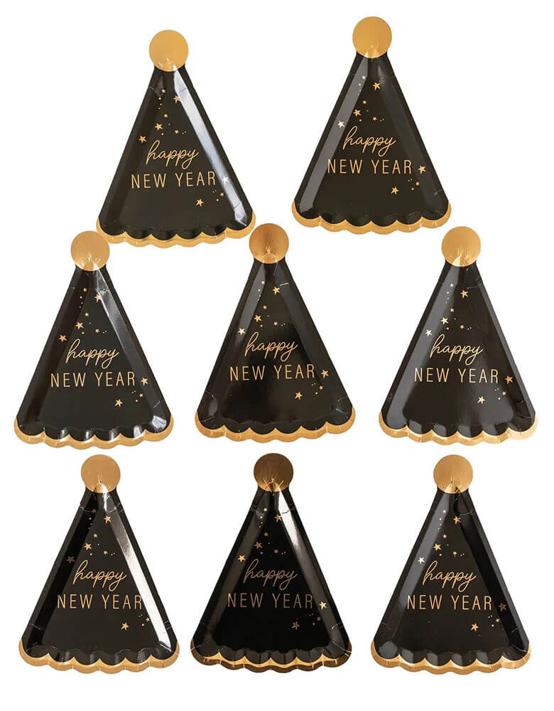 Momo Party's 10 x 7 inches Happy New Year Hat Shaped Plates by My Mindy's Eye, comes in a set of 8, featuring black and gold foil accents, with the message of "Happy New Year", it's the perfect plate for your New Year's Eve countdown party!