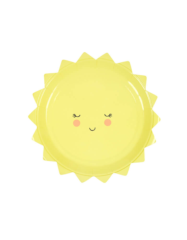 Meri Meri Happy Sun Small Plates. This 7 inches Die cut sun shaped paper plate, featuring a sweet smiling face and a bold yellow finish, these plates are perfect for a baby shower, a "you are my sunshine" birthday party or a welcome back celebration!