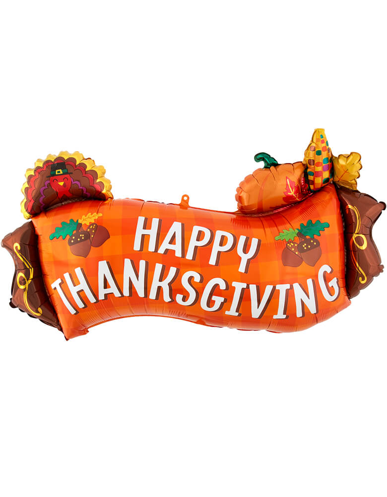 Anagram Balloons 41968 Harvest Banner SuperShape™ P35. This 36 inches Happy Thanksgiving Harvest Banner Foil Balloon, featuring a "happy thanksgiving" text with acorn and turkey, pumpin, corn and leaf design around a banner shaped foil balloon,  This is the perfect balloon for your Thanksgiving celebration.
