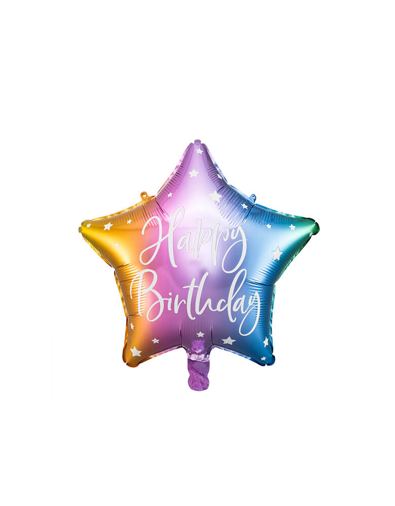 Party Deco - Happy Birthday Pastel Rainbow Star Shaped Foil Balloon. This 16 inches Star shaped foil balloon featuring in a pastel rainbow color with "happy birthday" white script text on it
