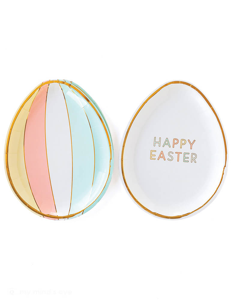 Happy Easter Egg Shaped Paper Plates by My mind's Eye. These whimsical egg plates featuring a die cut egg shaped plate in pretty pastel color and gold foil accents, there is "Happy Easter" message in one design and a pastel colorful stripes in other design . Each plate set come with 2 designs, and 4 of each design.
