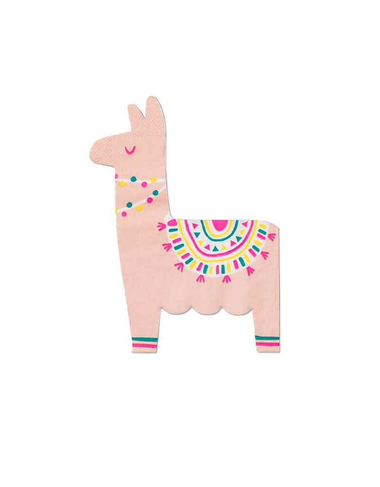 Happy Llama Paper Napkins by Coterie. Featuring a festive pink llama die cut shaped napkin with neon pink and yellow print. These are perfect for a fiesta themed birthday, Cinco de Mayo celebration, party for llama lovers