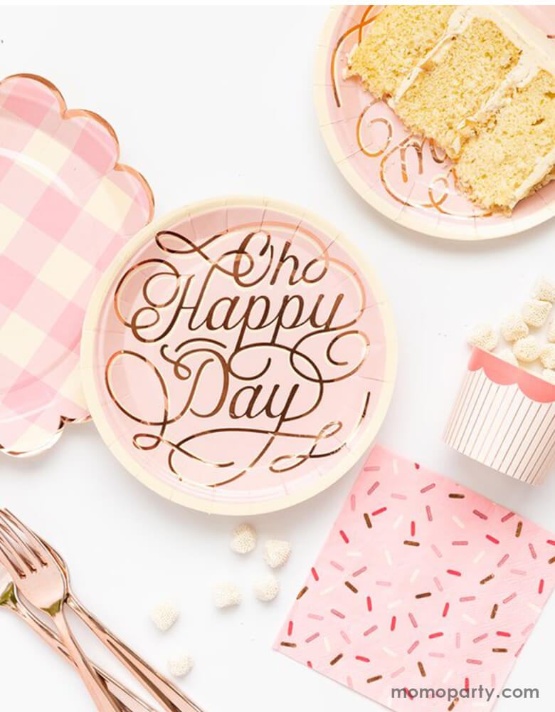 Modern pink Birthday Party with CAKE BY COURTNEY OH HAPPY DAY 7" PLATES, My mind's Eye Cake by Courtney Sprinkles Napkins, CAKE BY COURTNEY PINK BUFFALO SCALLOPED 9" PLATES
