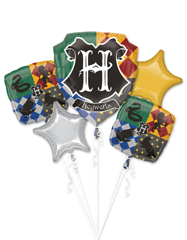 Anagram Balloons - 38873 Harry Potter Bouquet P75. This Harry Potter foil balloon bouquet includes a jumbo Hogwarts balloon as the centerpiece and two square balloons that feature emblems of the four Hogwarts houses. Two star-shaped balloons in silver and yellow complete this floating Harry Potter decoration!!