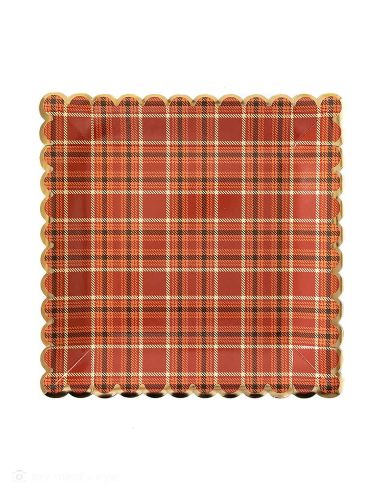 My Minds Eye - Harvest Thanksgiving Plaid Scalloped Plates. Bring traditional autumn plaid to the table this year with this scalloped and foiled plate. This 9" dinner plate will bring all the cozy feels to your tablescape this year. 