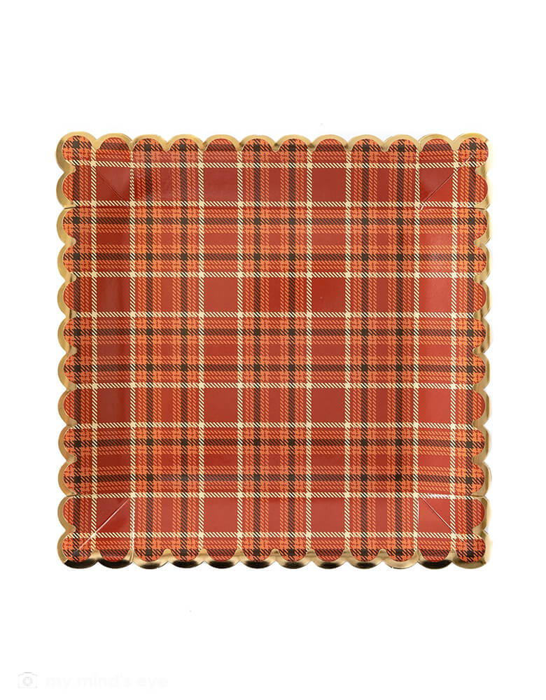 My Minds Eye - Harvest Thanksgiving Plaid Scalloped Plates. Bring traditional autumn plaid to the table this year with this scalloped and foiled plate. This 9" dinner plate will bring all the cozy feels to your tablescape this year.