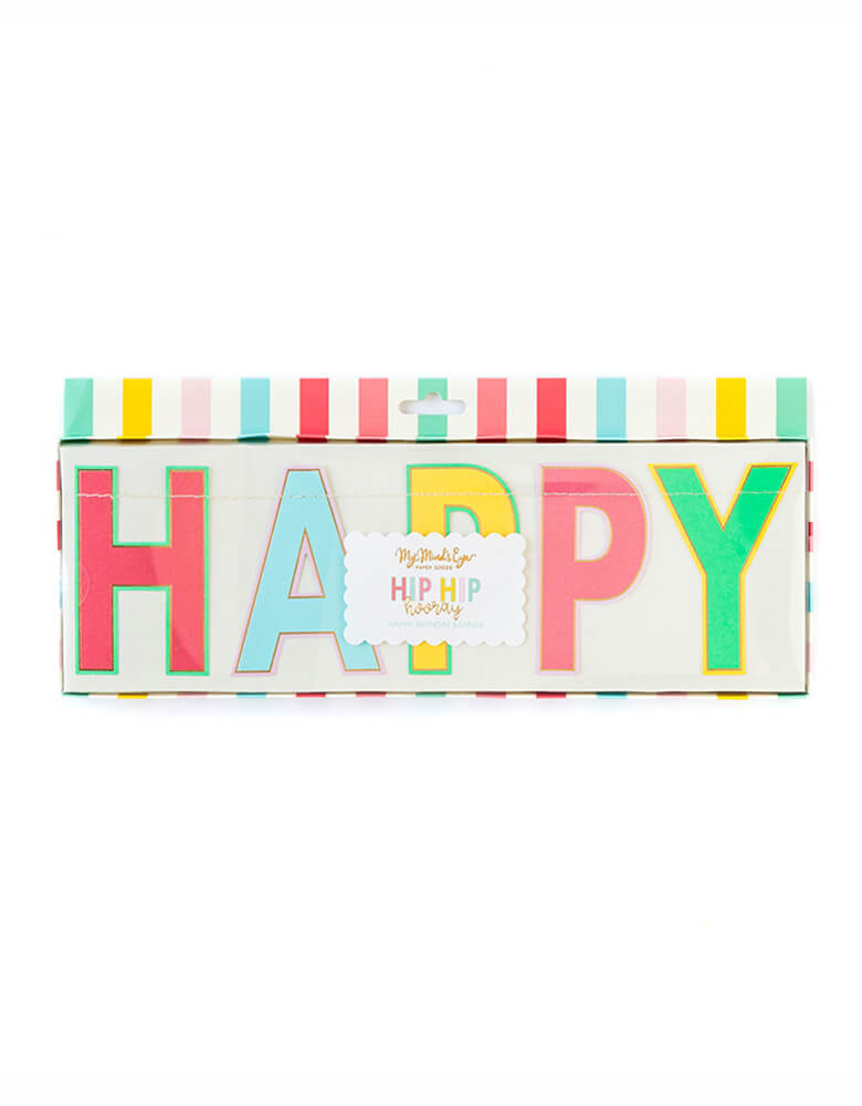 MyMindsEye_Hip Hip Hooray Happy Birthday Banner with colorful letters. Say happy birthday to your little one in a bright and playful way with this two piece happy birthday banner. Whether you use it to decorate the cake table of the birthday bash, or the door of your loved one on their birthday. This pre-stitched colorful banner is sure to make the day just a little more sunny.