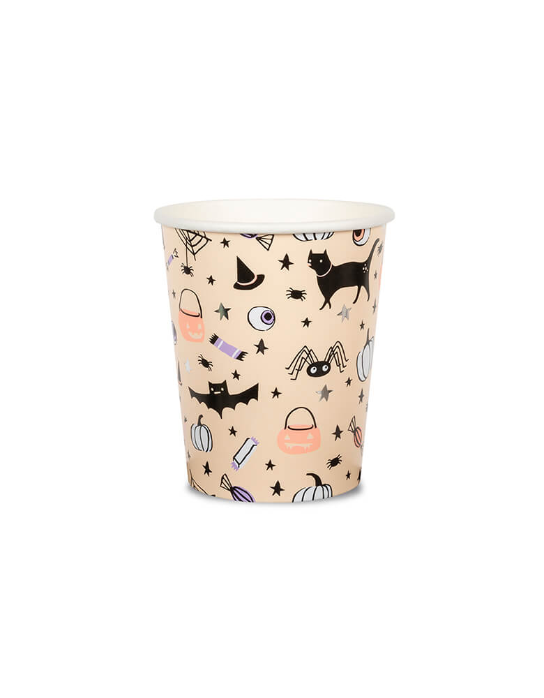Hocus Pocus Cups by Daydream Society Hocus Pocus Halloween collection. Featuring halloween themed elements with witch hat, black cat, eyeball, spider, bat, pumpkin basket, pumpkin and candies in white, black, lilac and peach colors on a blush paper cup. This modern and cute design is Perfect for a not-so-spooky Halloween party for your little ghouls and ghosts!