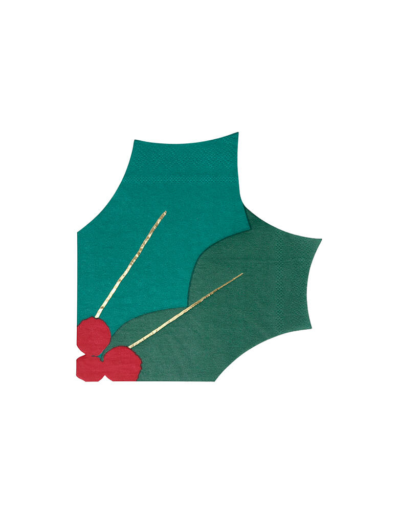 Meri Meri - Holly Leaf Napkins. These beautiful holly leaf shaped napkins are both practical and look amazing with their shiny gold foil detail.
