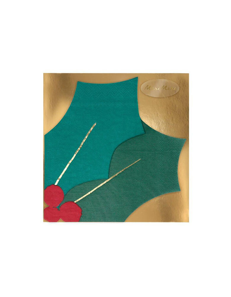 Meri Meri - Holly Leaf Napkins in the gold foil paperboard package. These beautiful holly leaf shaped napkins are both practical and look amazing with their shiny gold foil detail.