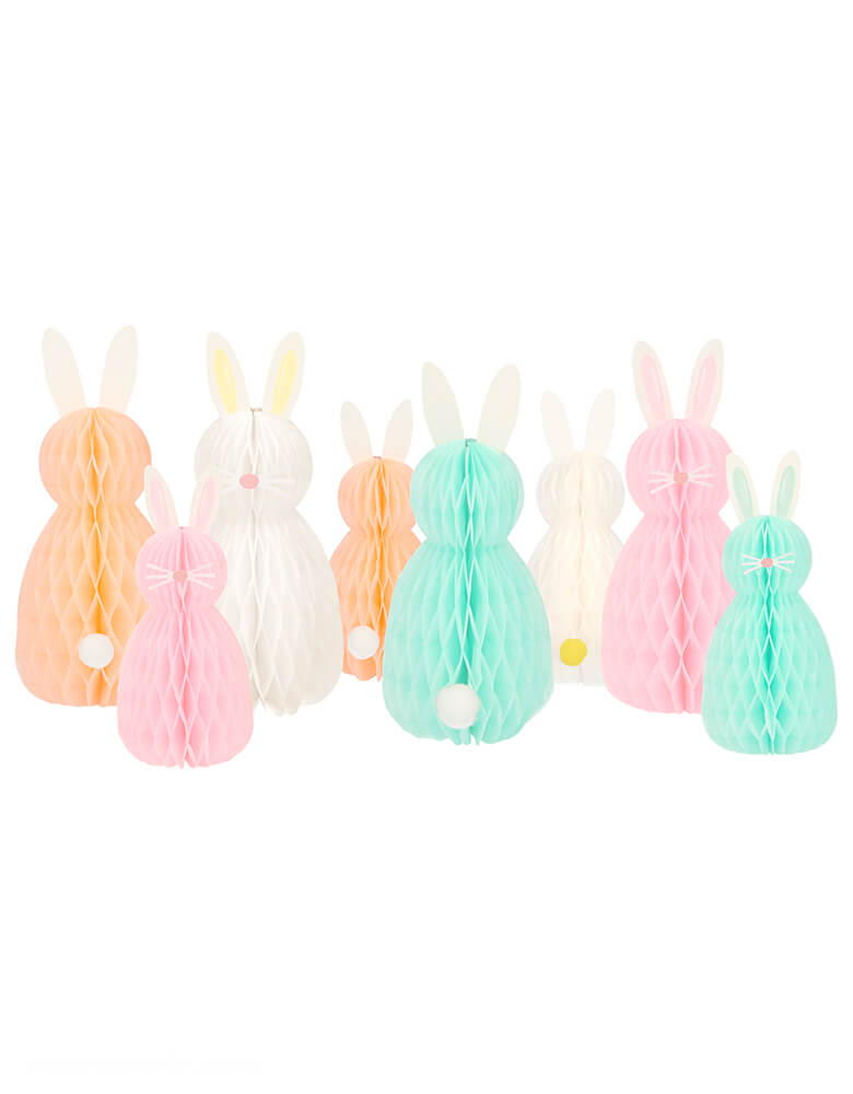 Meri Meri Honeycomb Spring Bunnies. Featuring Honey comb bunnies with pompom tails and nose + whisker stickers to make them extra cute! These adorable honeycomb bunnies make fabulous decorations for your Easter or springtime party. The set includes 4 large bunnies and 4 smaller bunnies, in soft pastel colors.