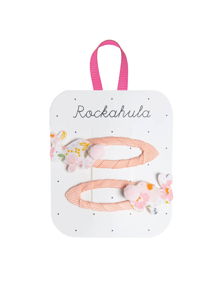 Rockahula Kids - Hoppy Bunny Bloom Clips. Set of 2, The sweetest little hopping bunnies adorn these gorgeous pastel grosgrain ribbon wrapped snap clips. Each bunny is cut from our beautiful bloom fabric and has the cutest little pom pom bunny tail!