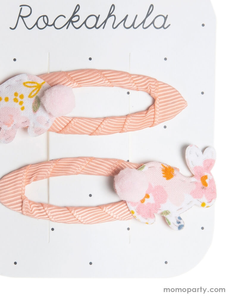 Close up details of Rockahula Kids - Hoppy Bunny Bloom Clips. Set of 2, The sweetest little hopping bunnies adorn these gorgeous pastel grosgrain ribbon wrapped snap clips. Each bunny is cut from our beautiful bloom fabric and has the cutest little pom pom bunny tail!